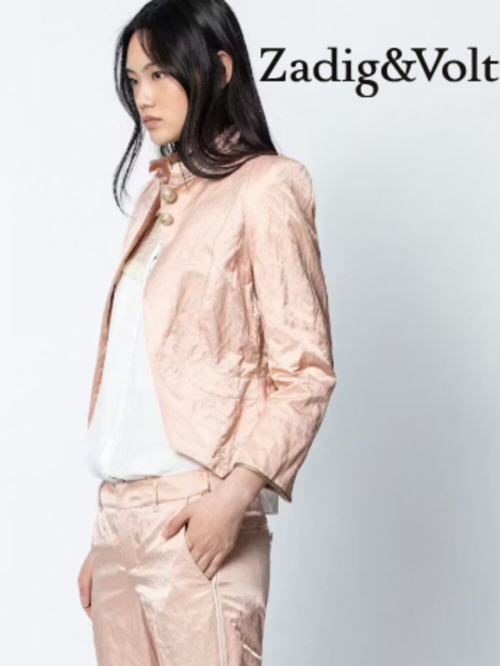 Zadig & Voltaire Lana Military Satin Jacket in Powder Pink/Golden Buttons 36 - Picture 2 of 16